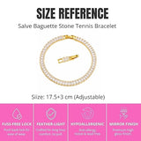 Salve Baguette Stone Tennis Bracelet featuring sparkling baguette-cut stones on a delicate silver chain.