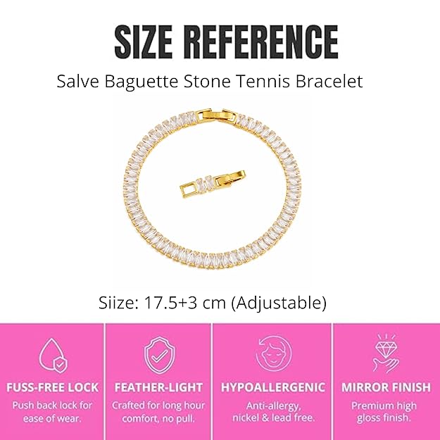 Salve Baguette Stone Tennis Bracelet featuring sparkling baguette-cut stones on a delicate silver chain.