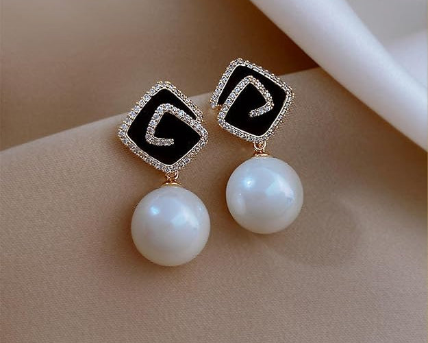 Black Enamel Faux Pearl Drop Earrings SALVE