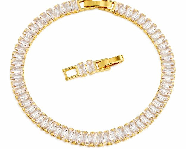 Salve Baguette Stone Tennis Bracelet featuring sparkling rectangular stones and a silver-tone clasp on a delicate bracelet.