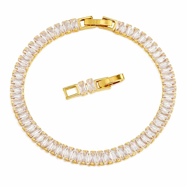 Salve Baguette Stone Tennis Bracelet featuring sparkling rectangular stones and a silver-tone clasp on a delicate bracelet.