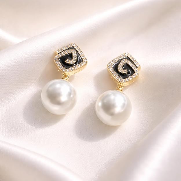 Black Enamel Faux Pearl Drop Earrings SALVE