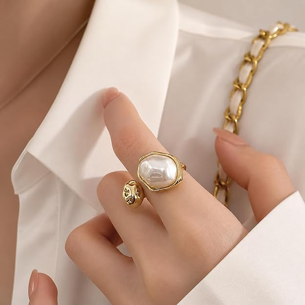 Salve Baroque faux pearl open adjustable ring featuring a stylish pearl design on a silver-tone band.