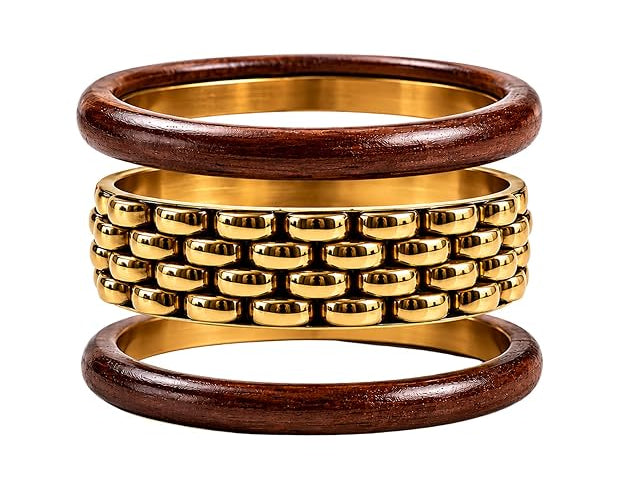 Salve chunky wooden bangle bracelet stack featuring multiple natural wood bangles with smooth finish and textured details.
