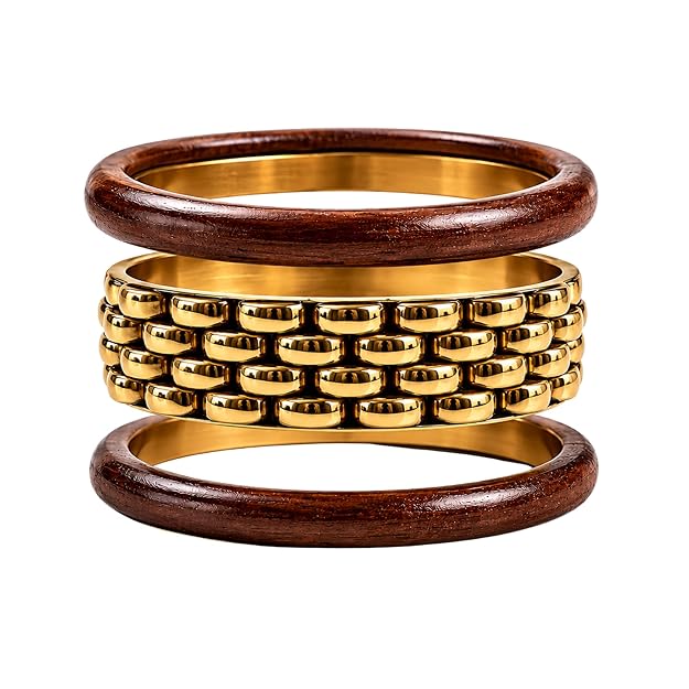 Salve chunky wooden bangle bracelet stack featuring multiple natural wood bangles with smooth finish and textured details.