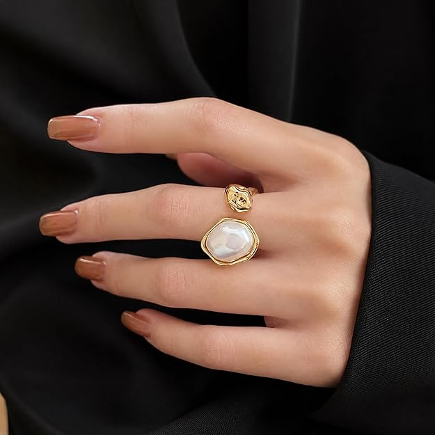 Salve Baroque faux pearl open adjustable ring featuring a stylish design with lustrous faux pearls on a sleek metal band.