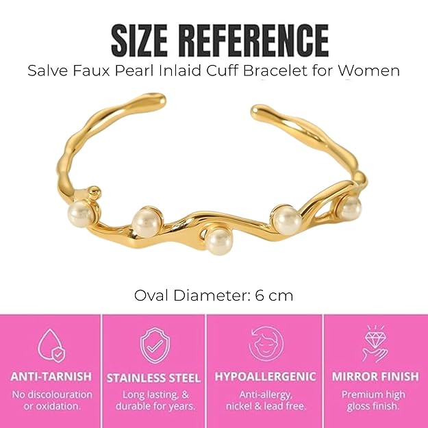 SALVE faux pearl inlaid cuff bracelet with sleek metal band and elegant pearl accents, stylish accessory for any outfit.