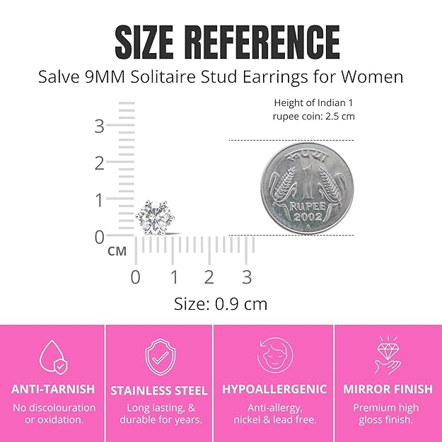 Round cut stainless steel SALVE stud earrings featuring a sleek, polished design perfect for everyday wear.