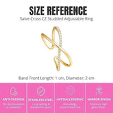 Salve CZ studded cross ring featuring metallic band and embellished cross design, close-up view of the stylish jewelry piece.