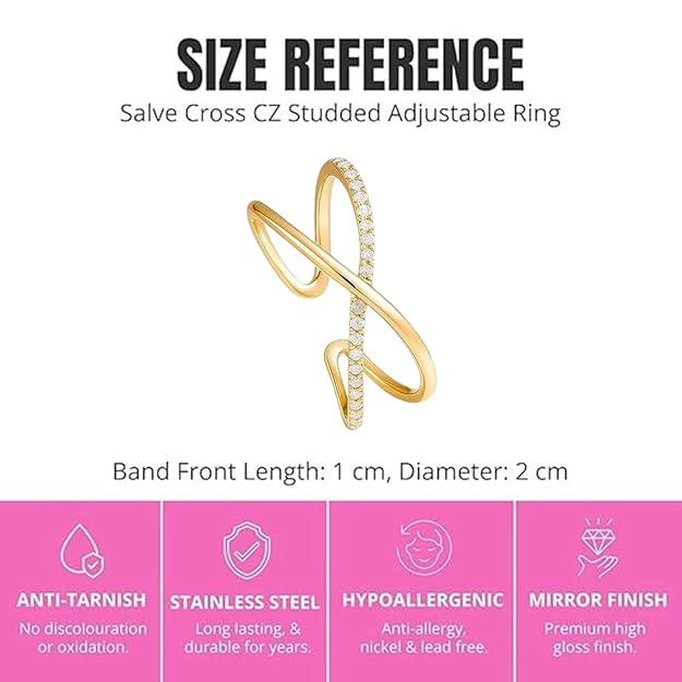 Salve CZ studded cross ring featuring metallic band and embellished cross design, close-up view of the stylish jewelry piece.