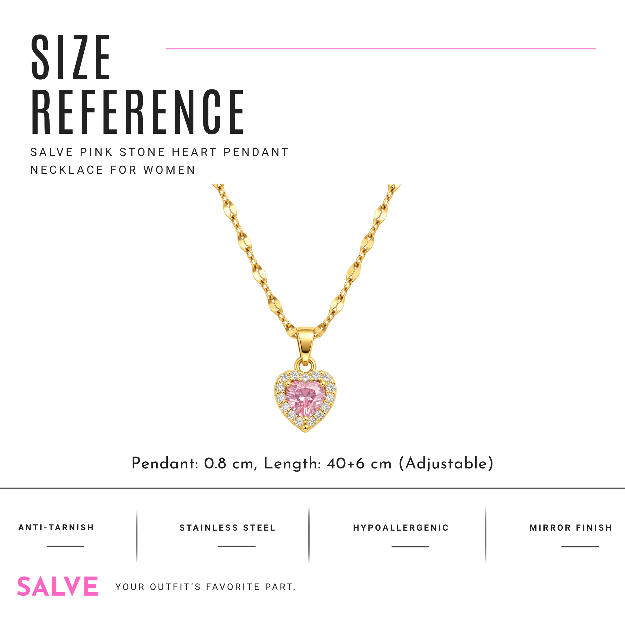 Salve CZ Baby Pink Heart Pendant Necklace with sparkling pink heart charm on a silver chain.
