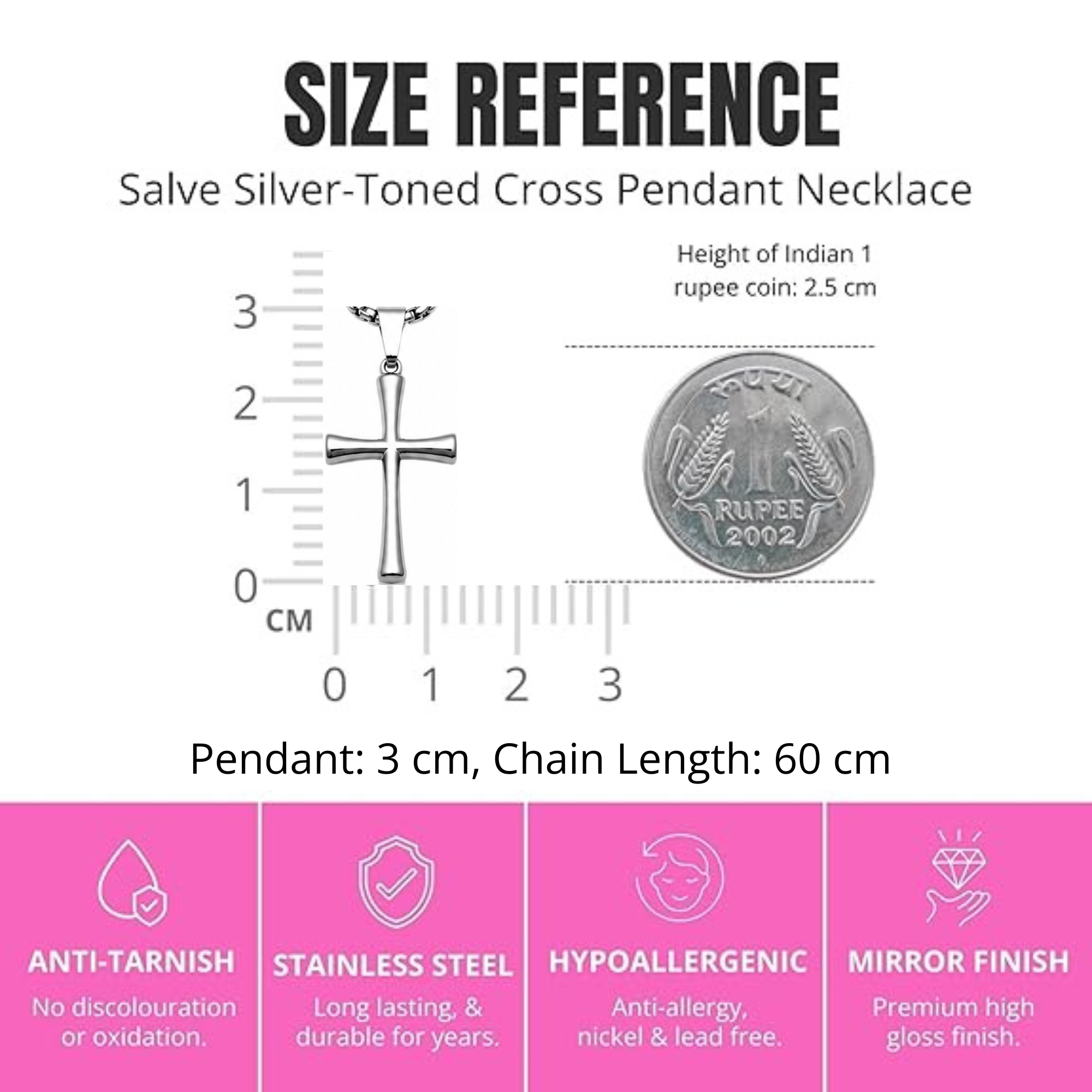 Silver-toned SALVE cross pendant necklace with detailed religious symbol, hanging from a delicate chain.