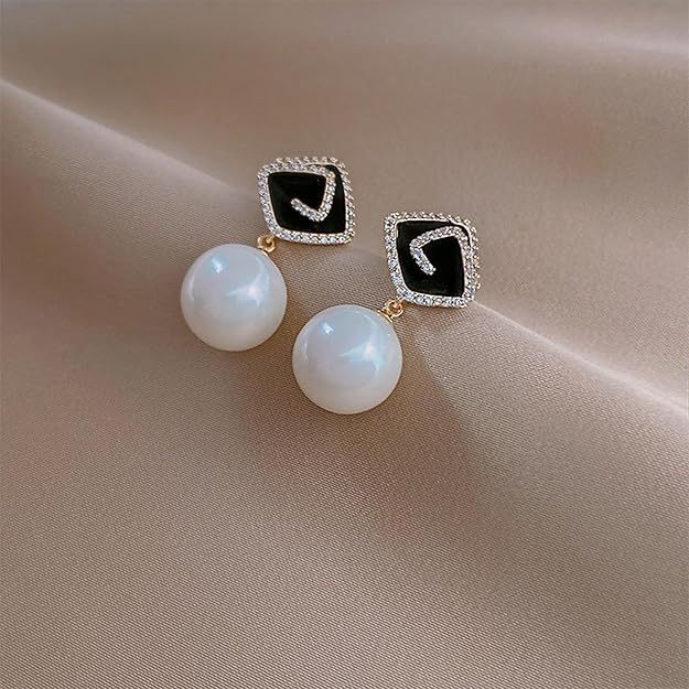 Black Enamel Faux Pearl Drop Earrings SALVE