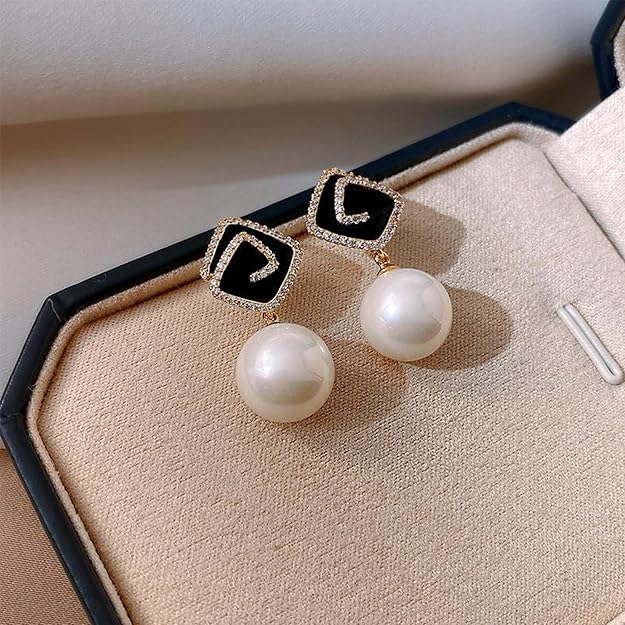 Black Enamel Faux Pearl Drop Earrings SALVE