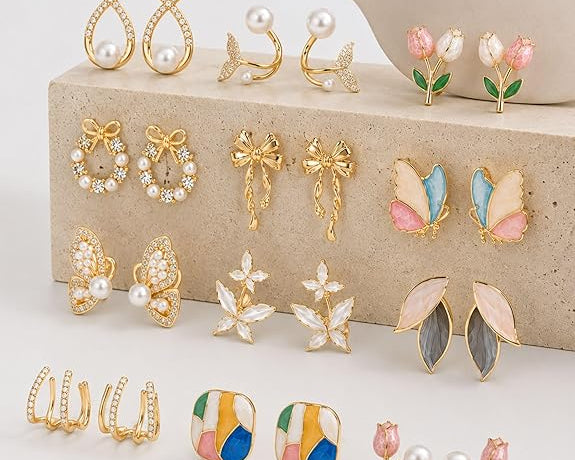 Set of 12 SALVE earrings with a jewelry organizer, showcasing various stylish earring designs in a compact pack.