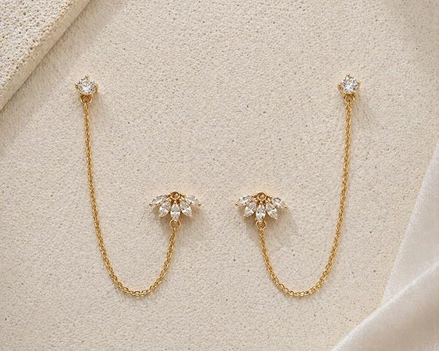 Salve Chic Marquise Flower Ear Chain Earrings featuring elegant marquise-shaped floral design on silver-toned earrings.