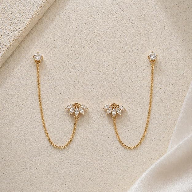 Salve Chic Marquise Flower Ear Chain Earrings featuring elegant marquise-shaped floral design on silver-toned earrings.