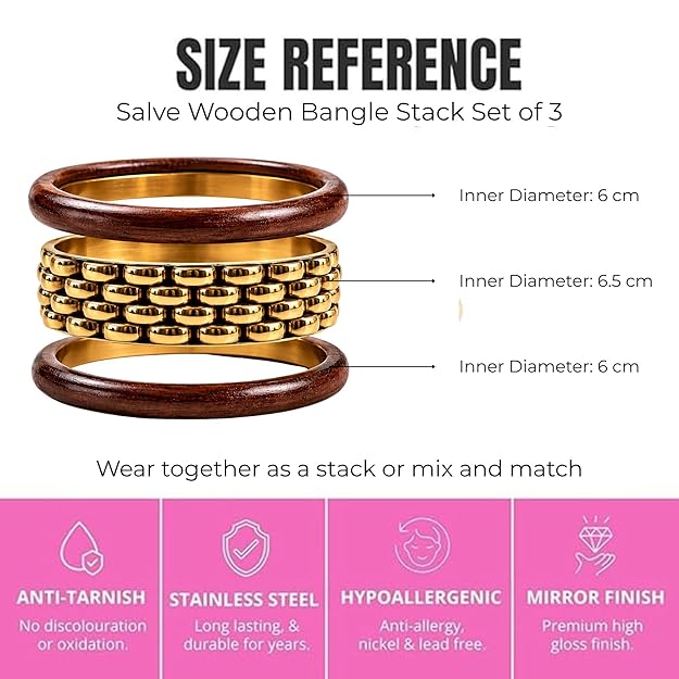 Stack of chunky wooden bangle bracelets by SALVE, featuring natural wood textures and varying sizes for a stylish accessory.
