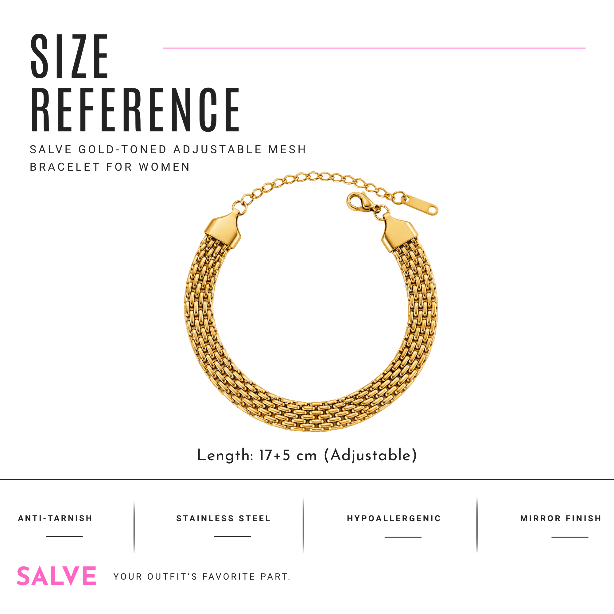 Gold-toned mesh adjustable bracelet from SALVE, featuring a sleek and stylish design with a secure clasp.
