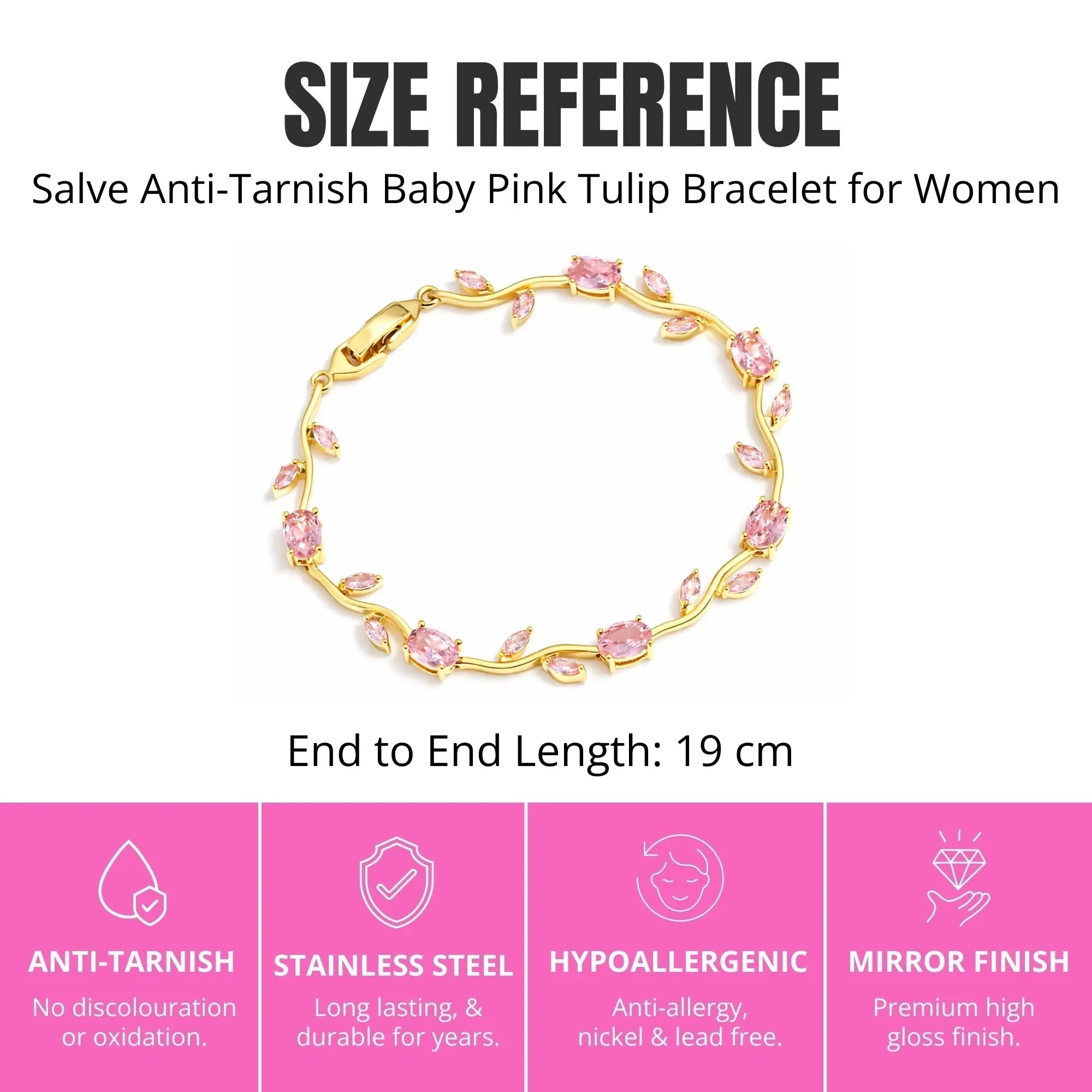 Salve Baby Pink Tulip bracelet for women featuring delicate pink tulip charms on a silver-tone bracelet.