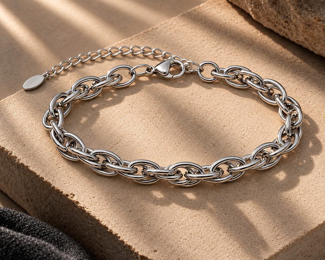 Silver Cross Link Bracelet for Men by Salve, featuring sleek metallic links and a modern design, displayed on a neutral background.