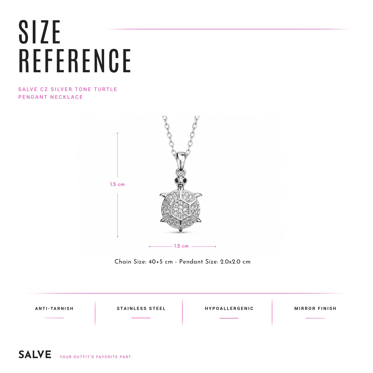 Stainless steel CZ turtle pendant necklace by SALVE, featuring a detailed turtle design with sparkling cubic zirconia accents.