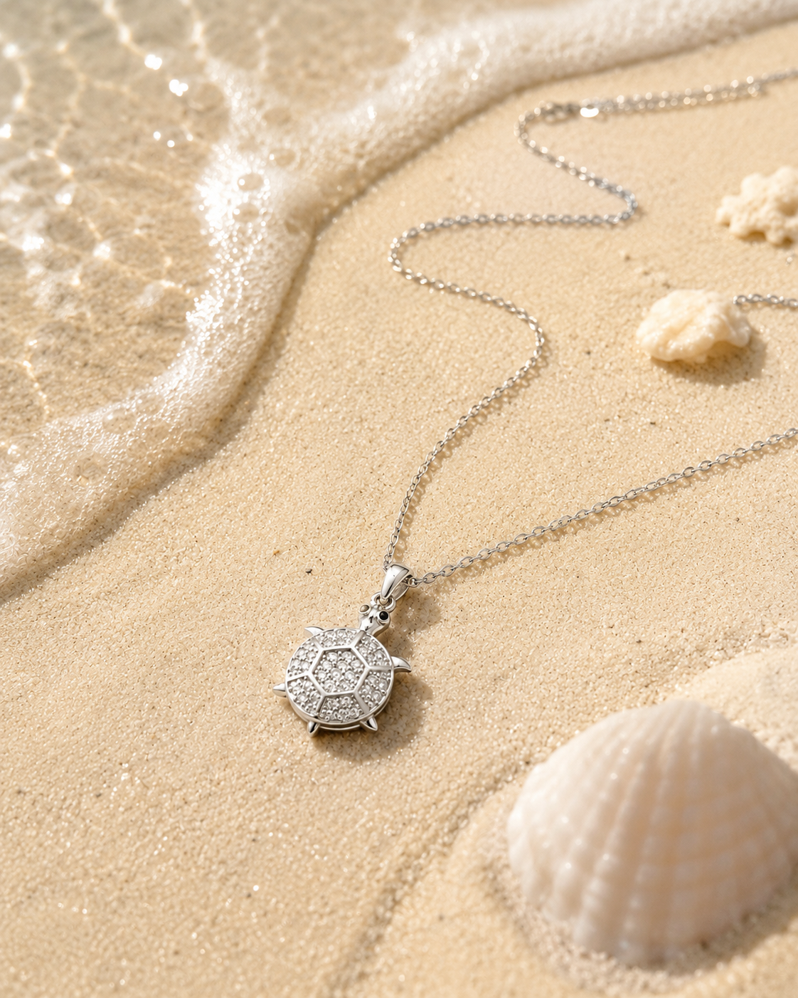 Salve stainless steel turtle pendant necklace with cubic zirconia accents, showcasing a detailed turtle design and polished finish.