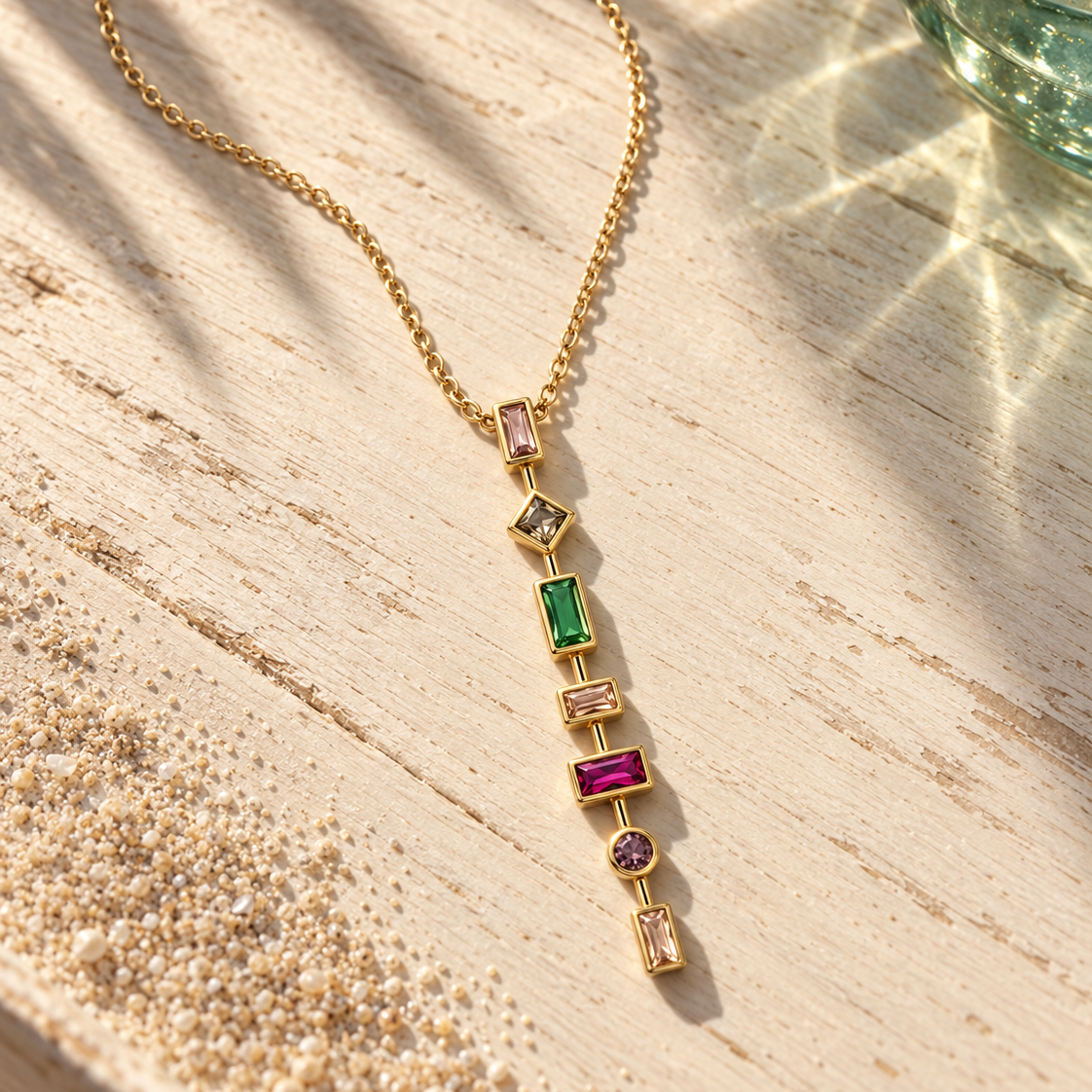 Multi-color 7-stone pendant necklace by SALVE featuring a vibrant, round gemstone design on a delicate chain.