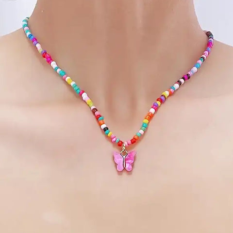 Salve Pink Butterly Quirky Charm Multicolour Beaded Chain Necklace for Women