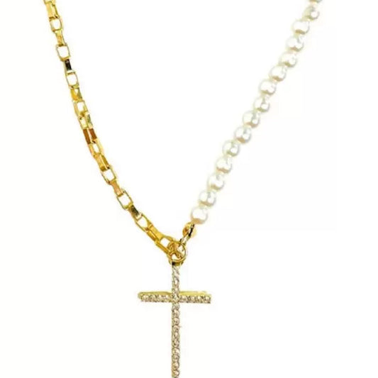 Salve Dainty ‘Cross Your Heart’ Half n Half Pearl Zircon Cross Pendant Charm Necklace for Women