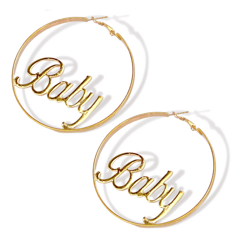 Salve ‘Baby’ Letter Oversized Gold Hoop Earrings for Women | Chic, Chunky, Oversized Hoops for Girls