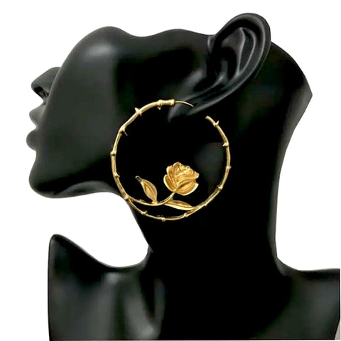 Salve ‘Rose’ Thorn Wreath Inscription Floral Gold Hoop Earrings | Floral Statement Hoops for Women
