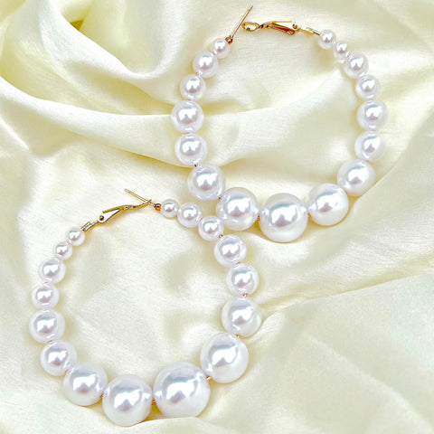 Salve ‘Audrey’ White Faux Pearl Princess Hoop Earrings | Statement Dangle Drop Earrings for Women