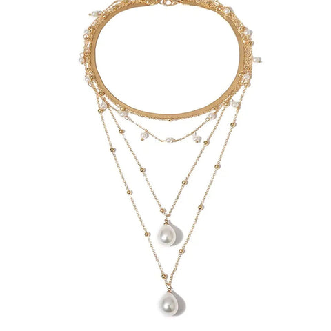 Salve Multi-Layered Herringbone Chain Pearl Ball Chain Five-Layered Minimal Chain Lariat Collar Necklace