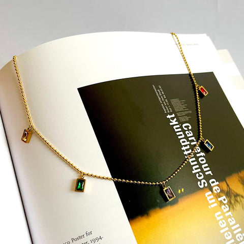 Salve ‘Baguette Drop’ Anti-Tarnish MultiColour Rainbow Zirconia Charm Chain Necklace