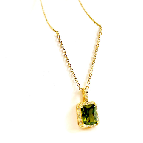 Salve ‘Olive’ Green Baguette Anti-Tarnish Pendant with Cable Chain