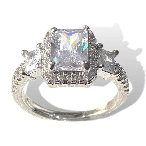 Salve ‘Radiant’ Cut 3 Stones Silver-Toned Stainless Steel Halo Adjustable Ring