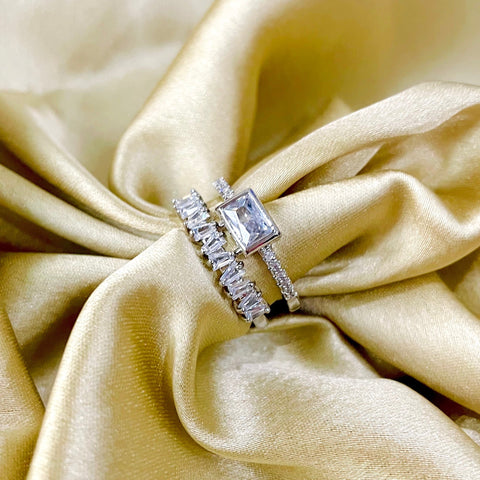 Salve ‘Delicate’ Stainless Steel Silver Stone Baguette Multi Layer Eternity Cuff Stack Ring