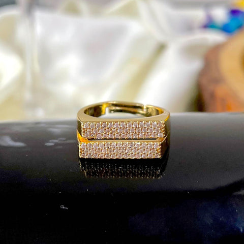 Salve 'Braveheart' Zirconia Studded Double Layer Rectangle Adjustable Gold-Toned Statement Ring