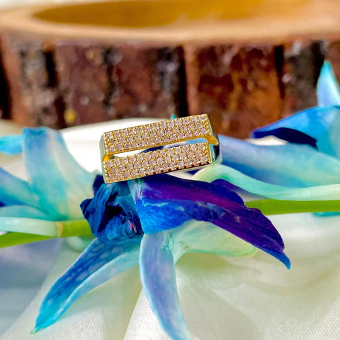 Salve 'Braveheart' Zirconia Studded Double Layer Rectangle Adjustable Gold-Toned Statement Ring