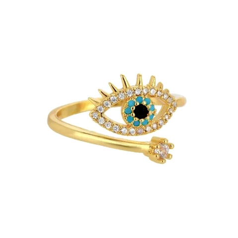 Salve ‘Blue’ Evil Eye Gold-Toned Open Adjustable Cubic Zirconia Studded Protection Ring for Women and Girls