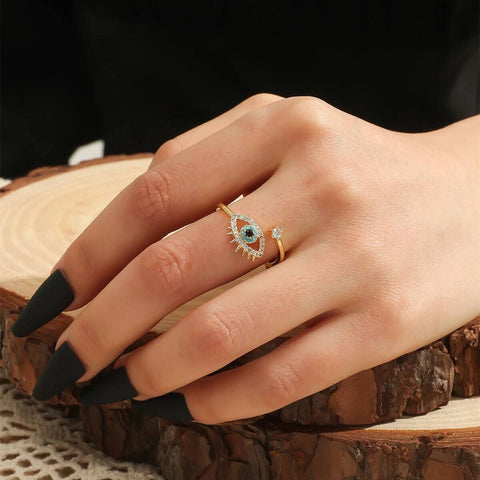 Salve ‘Blue’ Evil Eye Gold-Toned Open Adjustable Cubic Zirconia Studded Protection Ring for Women and Girls