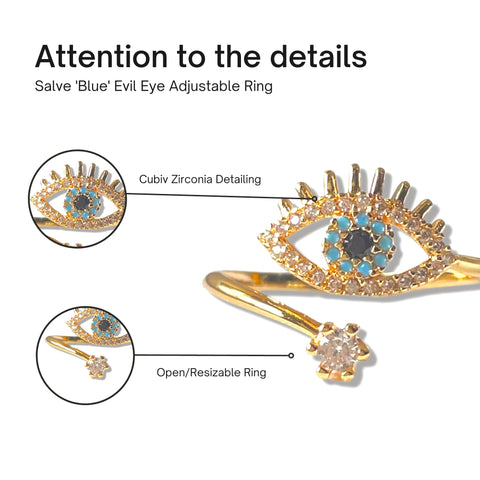 Salve ‘Blue’ Evil Eye Gold-Toned Open Adjustable Cubic Zirconia Studded Protection Ring for Women and Girls