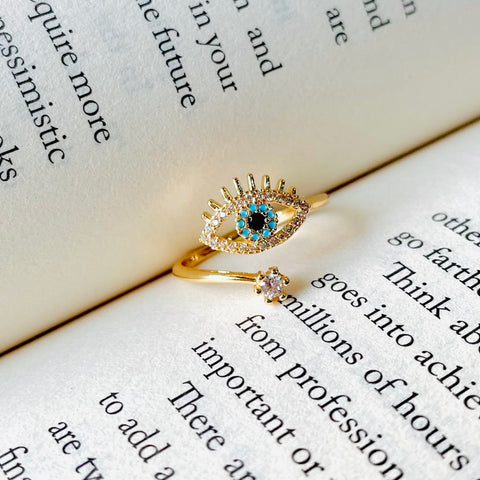 Salve ‘Blue’ Evil Eye Gold-Toned Open Adjustable Cubic Zirconia Studded Protection Ring for Women and Girls