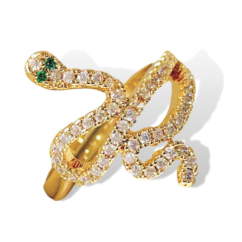 Salve ‘Snake’ Motif Creative Silver Green Zircon Studded Wrap Adjustable Resizable Gold-Toned Ring for Women