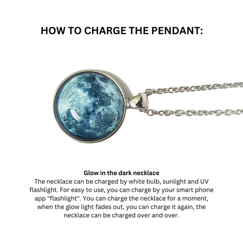 Salve Blue Green ‘Moonstruck’ Glow in The Dark Full Moon Pendant with Silver Chain