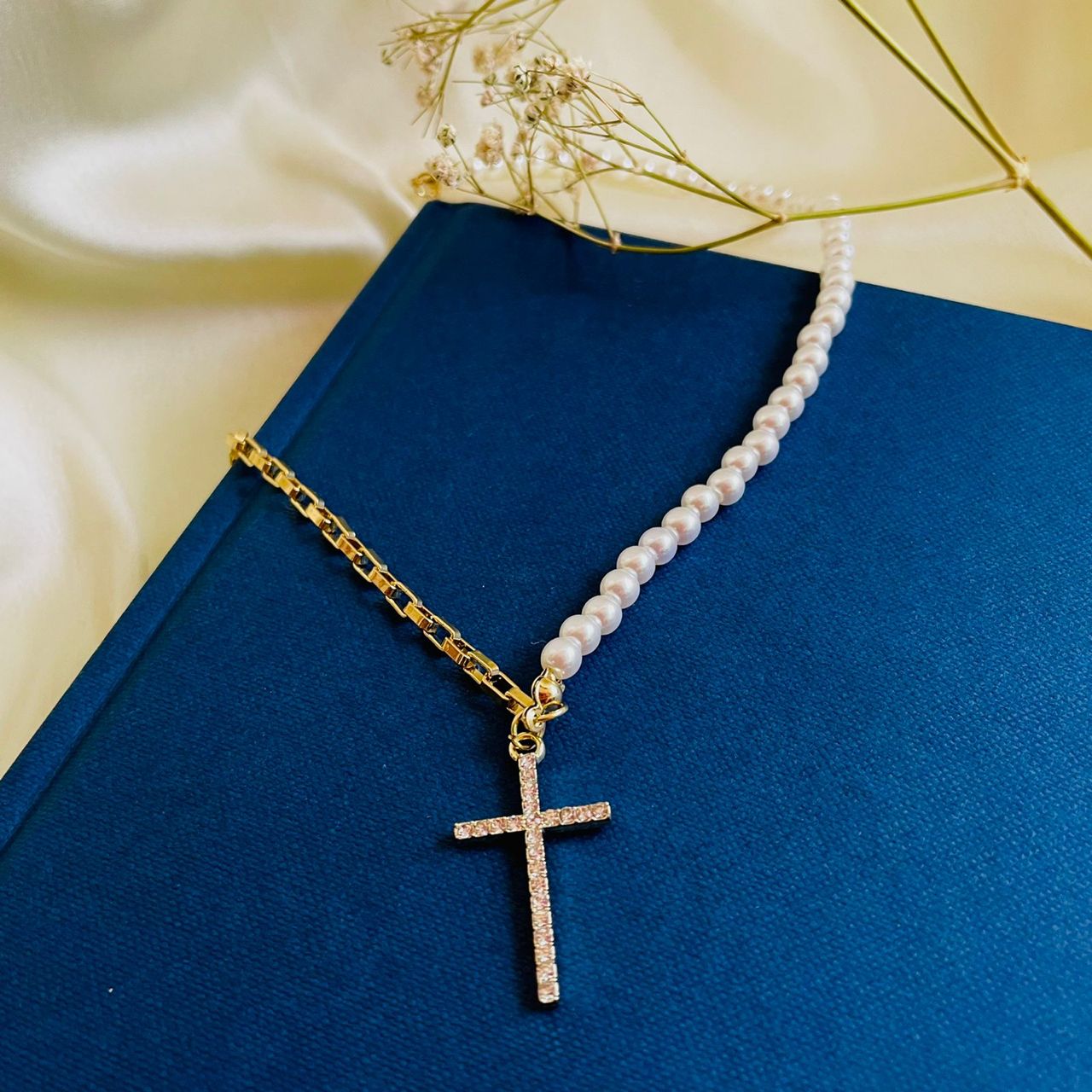 Salve Cross Your Heart Studded Cross Pendant Half Gold Link Chain Half Pearl Dual Necklace SALVE