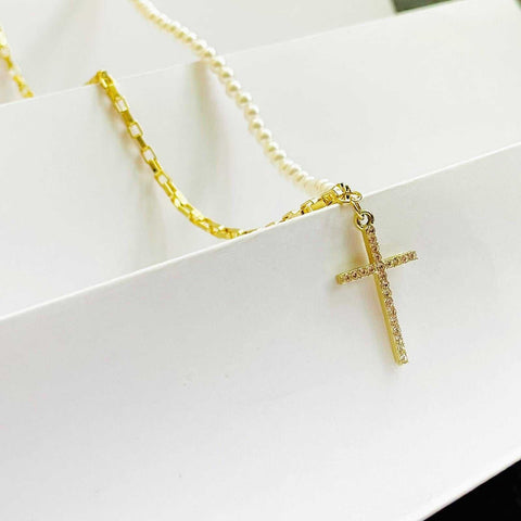 Salve Cross Your Heart Studded Cross Pendant Half Gold Link Chain Half Pearl Dual Necklace SALVE