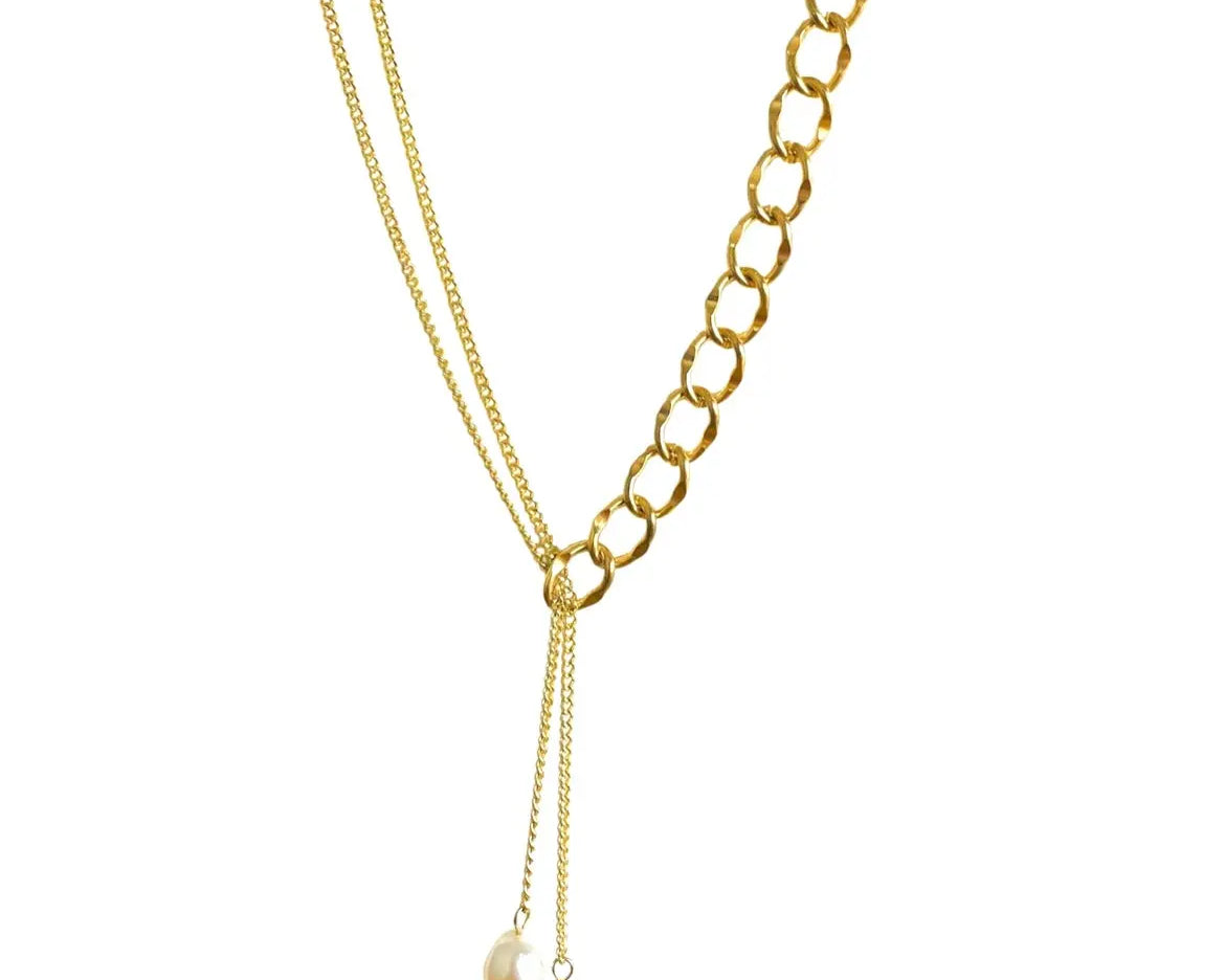 Salve Half Wide Curb Chain Half Minimal Curb Chain Drop Pearls Adjustable Lariat Gold Necklace SALVE