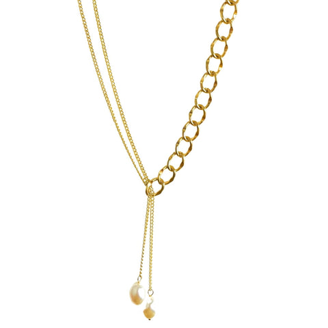 Salve Half Wide Curb Chain Half Minimal Curb Chain Drop Pearls Adjustable Lariat Gold Necklace SALVE
